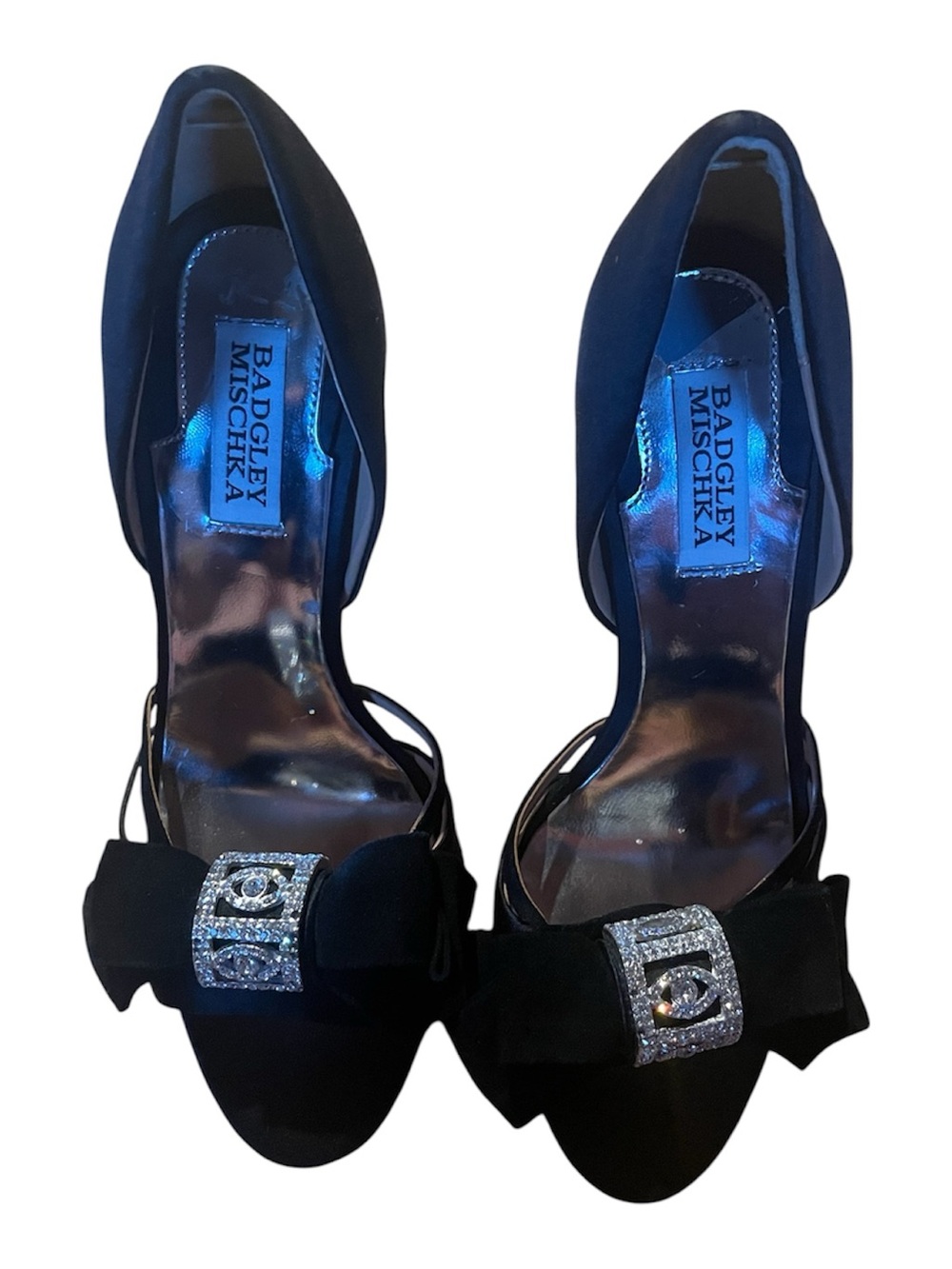 Badgley Mischka Black Satin D'Orsay Heels with Crystal Buckle Bow
